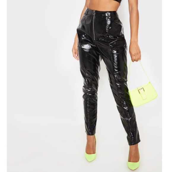 PrettyLittleThing Pants - Black Vinyl O-Ring zip up pants